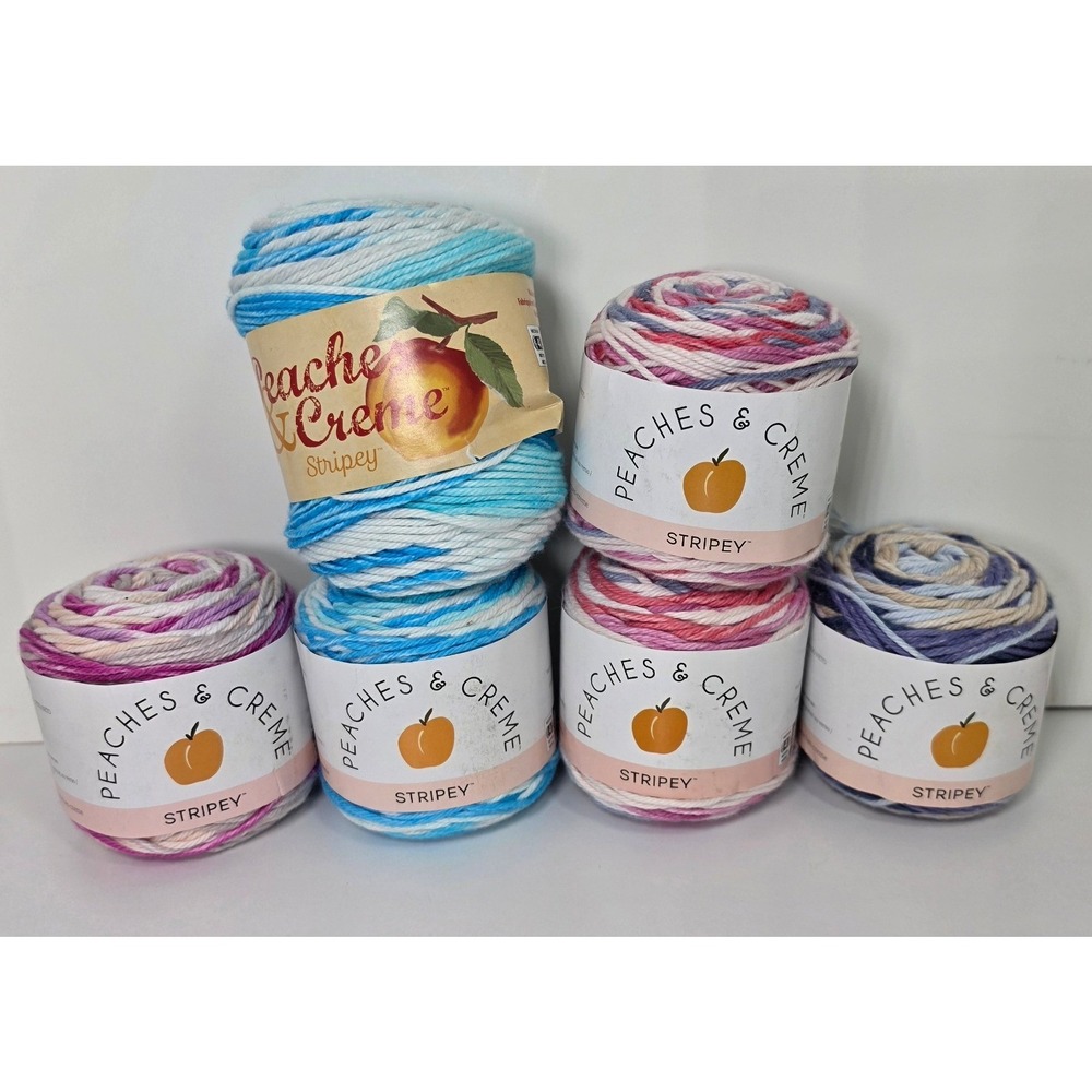 Peaches & Creme Stripey Cotton Yarn Lot 6 Cakes Worsted 4-Ply Variegated Mixed
